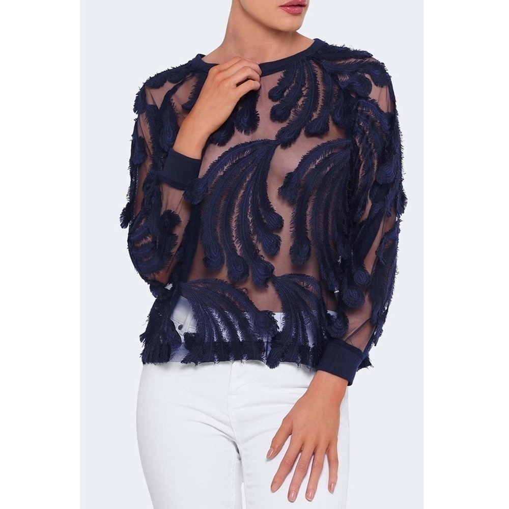 Anthropologie PEPIN Navy Feather Sheer Blouse 602